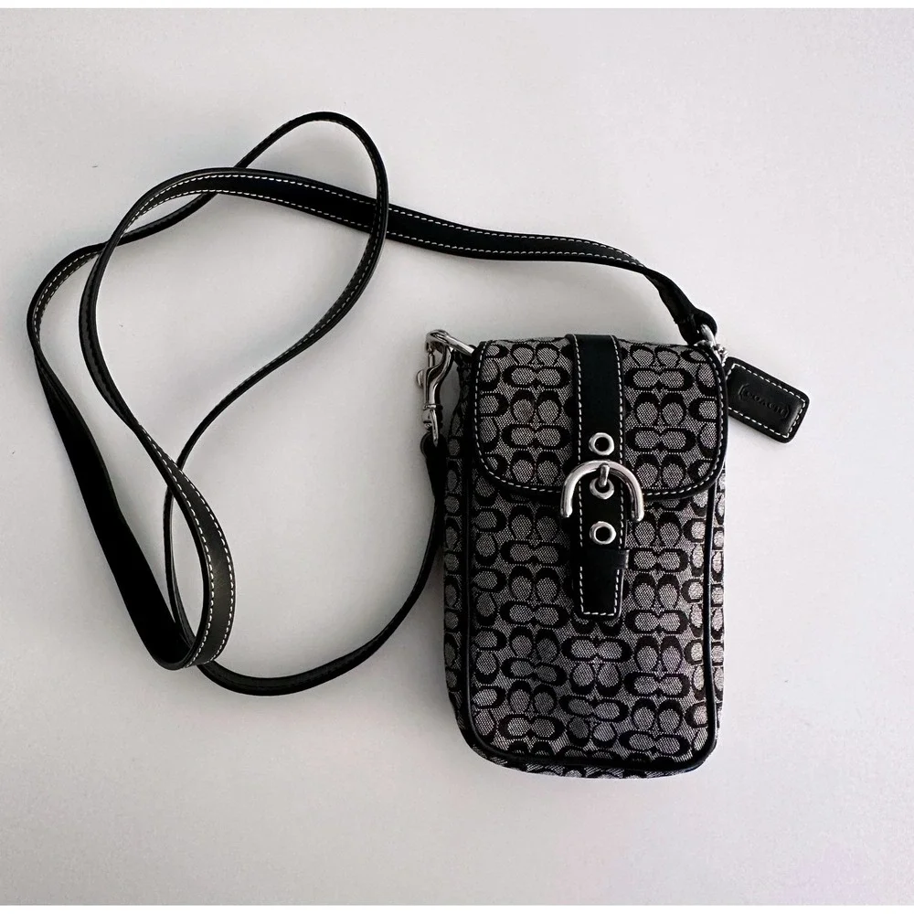 Coach Signature C Monogram Canvas Phone Crossbody Bag Black Tech Mini Purse Y2K